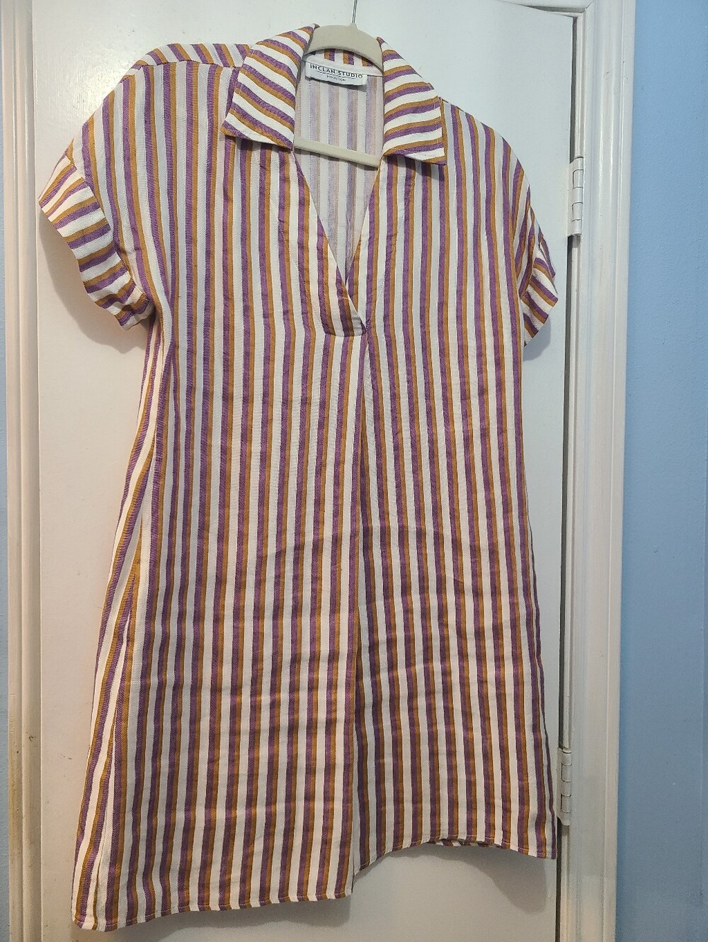 Striped Collared Inclan Studio Dress in Purple, Mustard & White